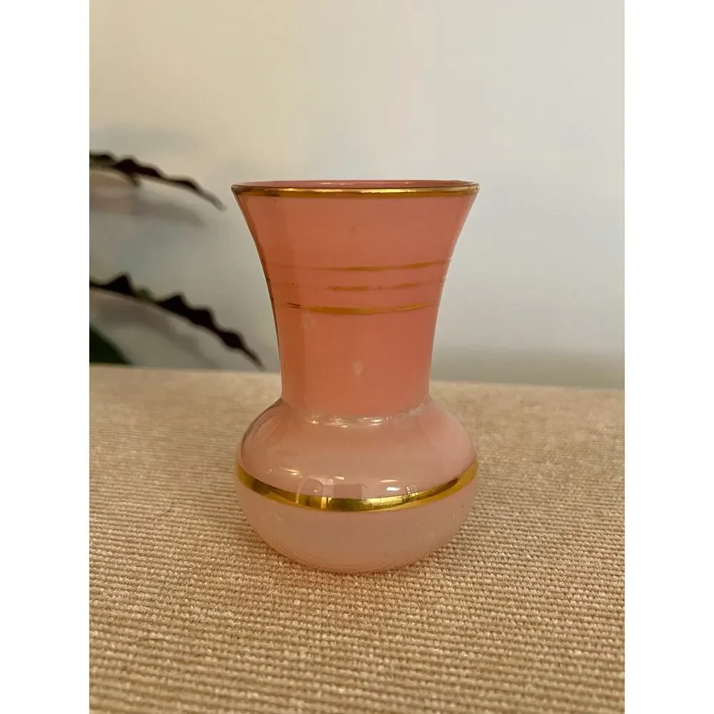 Vintage Glass Vases Pair Hollywood Regency Gold Stripe Pink Blue Mid Century